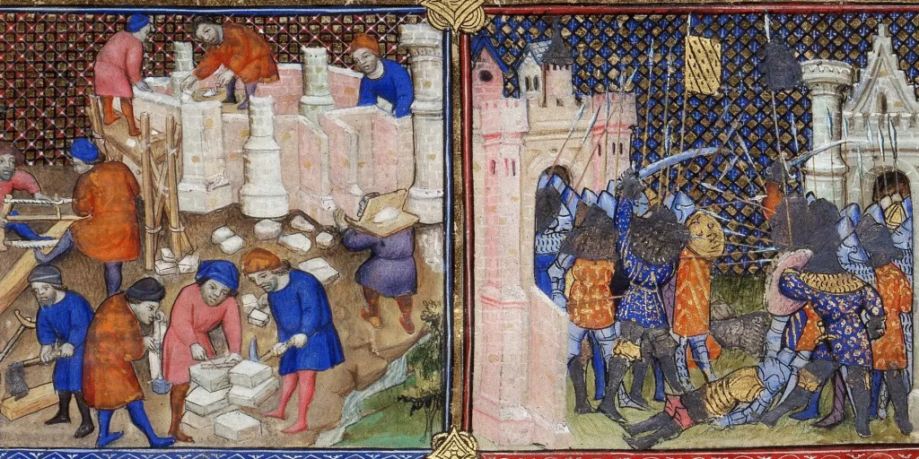 Echafaudage &agrave; quatre perche sur un tableau du moyen age