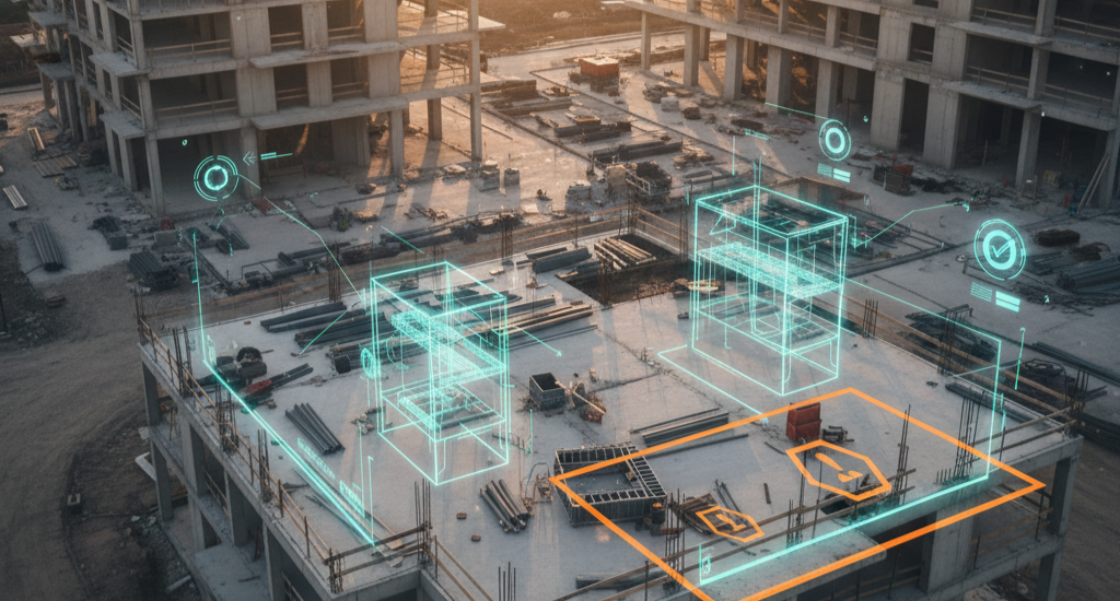 Vue a&eacute;rienne d'un chantier de construction avec des &eacute;chafaudages mis en &eacute;vidence par la r&eacute;alit&eacute; augment&eacute;e.